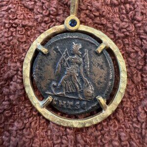 Ancient Coin Pendant Necklace | 14kt Gold Spiga Chain | Sapphire | Nike Victory